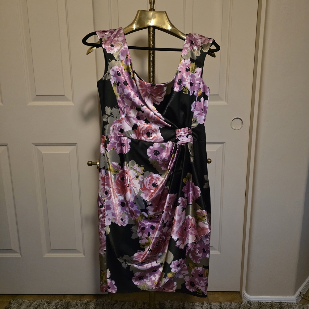 Maggy London Pink and Black Floral Draped Sheath Dress
